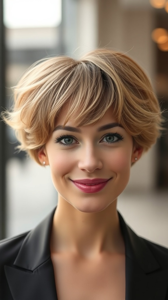 A woman with soft fluffy layers and curtain bangs, smiling confidently.