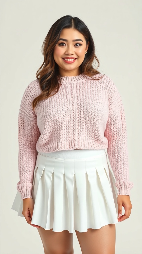 A young girl wearing a soft pink sweater and a white tennis skirt, smiling at the camera.