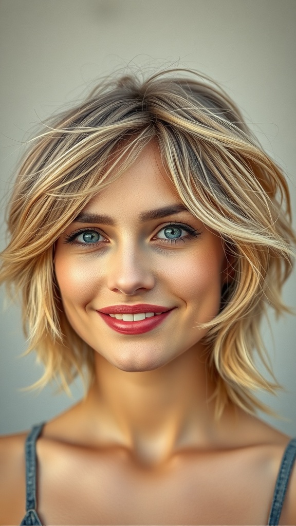 A woman with a soft granola girl haircut featuring natural layers and soft waves.