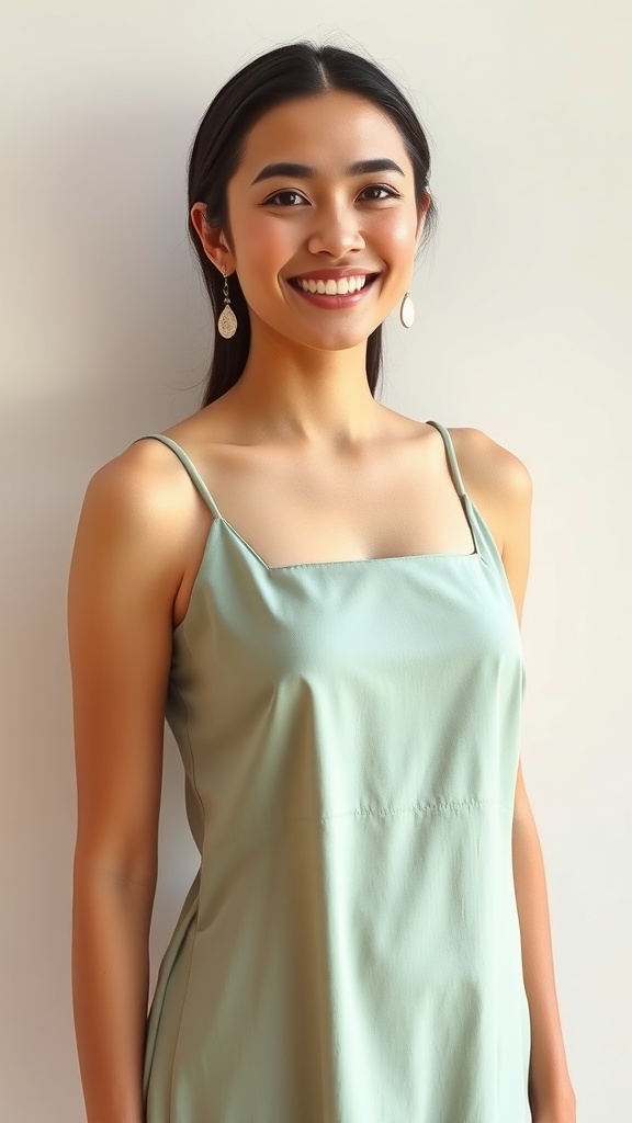 A woman smiling while wearing a soft green slip dress with a square neckline.