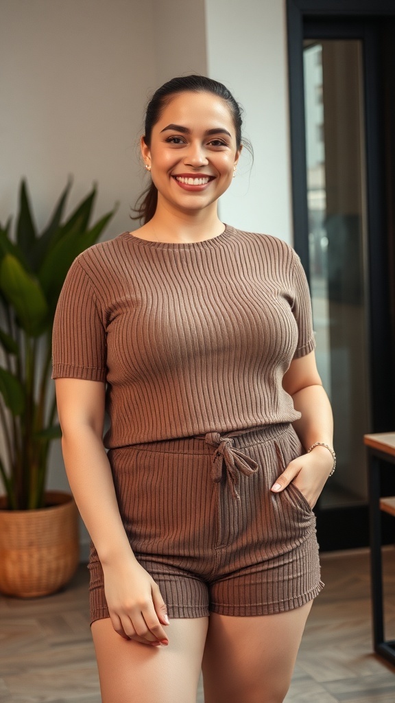 A woman wearing a soft knit matching set with shorts, smiling in a cozy indoor setting.