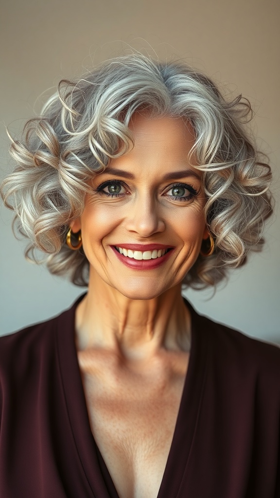 A woman with a soft layered bob hairstyle featuring curls, showcasing classy grey hair.