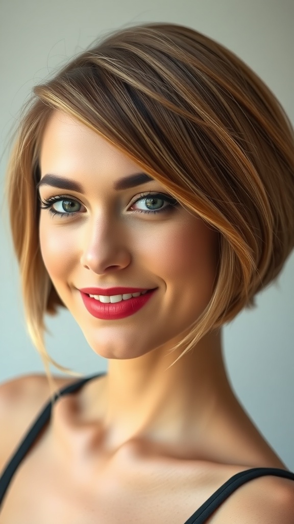 A woman with a soft layered bob and wispy bangs, smiling confidently.