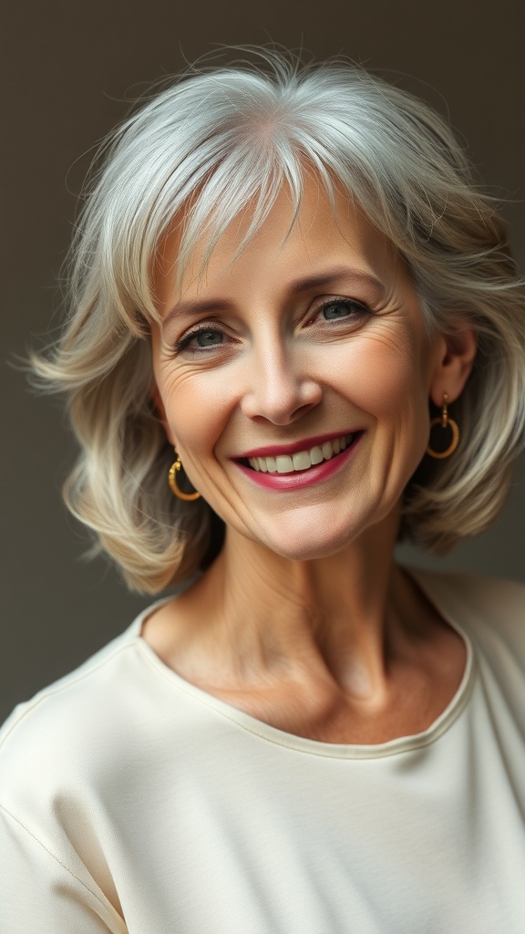 A woman with a soft layered shag haircut, smiling and looking confident.