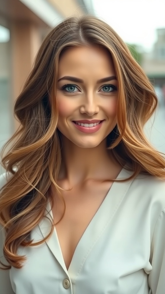 A woman with soft long layers and rounded ends, showcasing a classic 70s hairstyle.