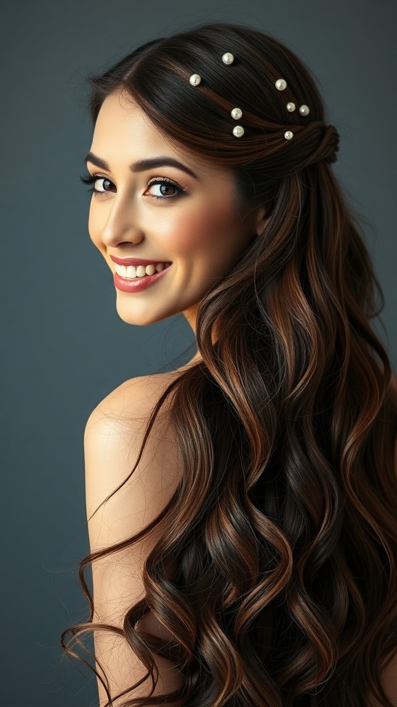 A woman with soft mermaid waves adorned with pearl pins, smiling at the camera.