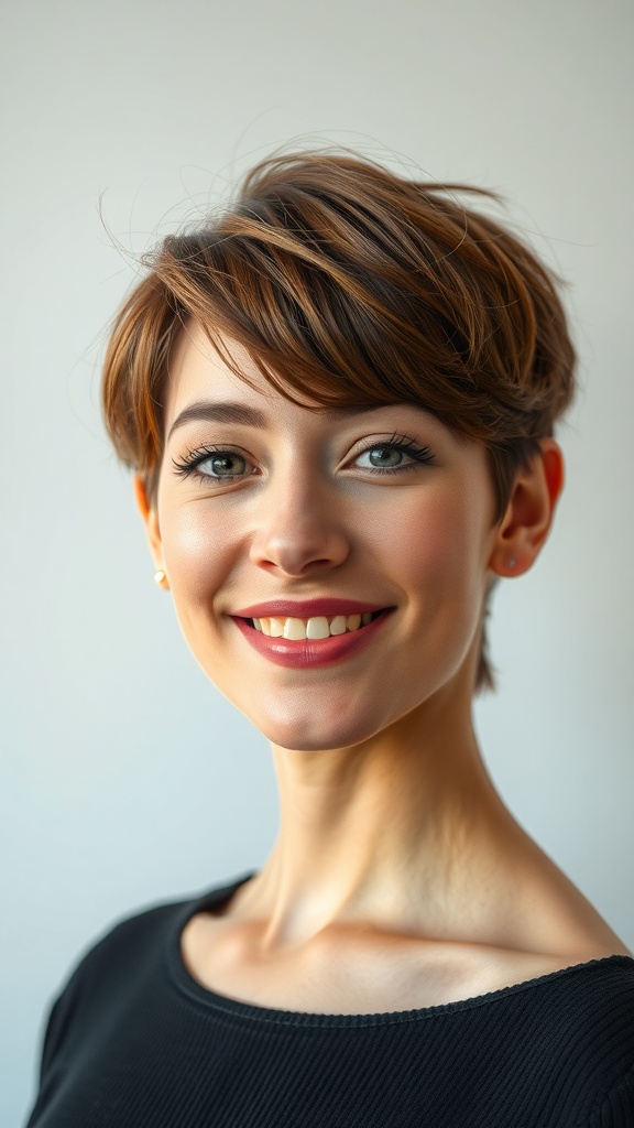 A woman with a soft pixie mullet hairstyle featuring fringe layers, smiling at the camera.