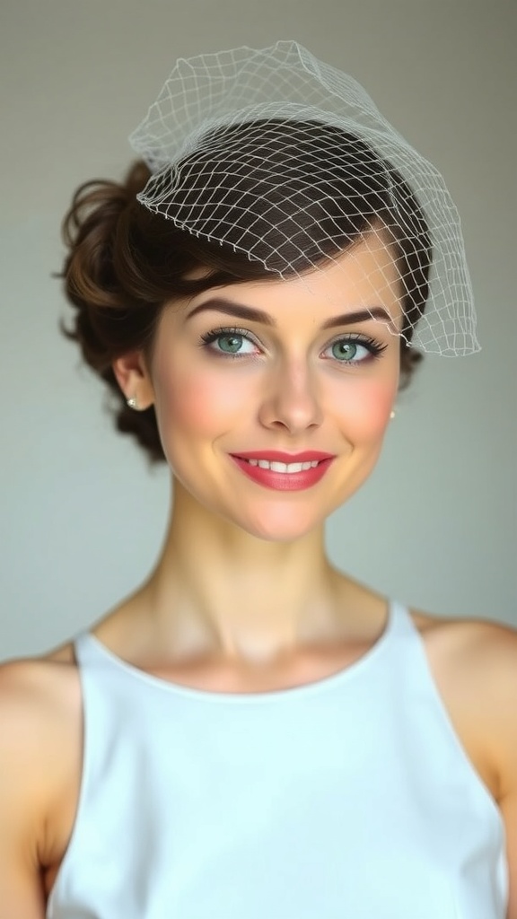 Bride with soft retro curls and a birdcage veil, showcasing a stylish short hair wedding look.