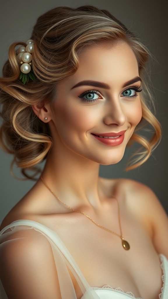 A woman with soft romantic curls styled with a side clip, showcasing vintage curls and old Hollywood elegance.