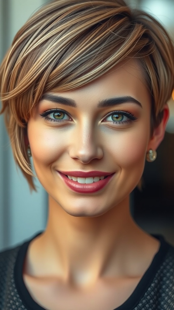 A woman with a soft shag cut and fringe layers, smiling and looking stylish.