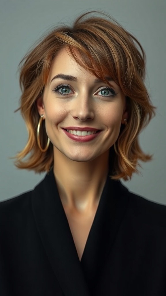 A woman with a soft shag hairstyle featuring crown layers, smiling confidently.