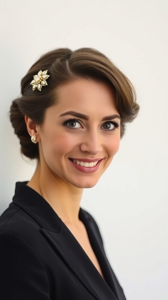 A woman with a soft side roll hairstyle adorned with a sparkling hair brooch, smiling elegantly.