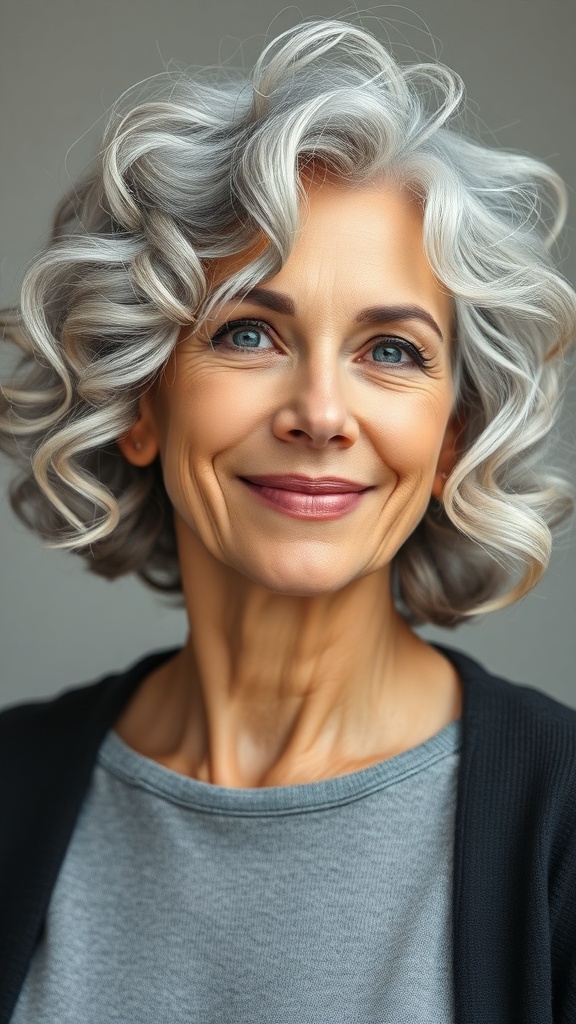 A woman with soft silver curly bob hairstyle, smiling warmly.
