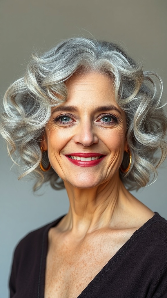 A woman with soft silver curly bob hairstyle, smiling and showcasing her grey hair.