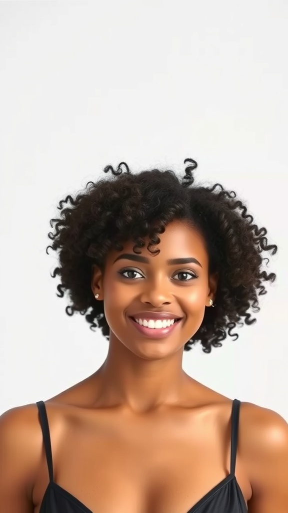 A person with soft tapered coils and a side part, showcasing a vibrant smile.