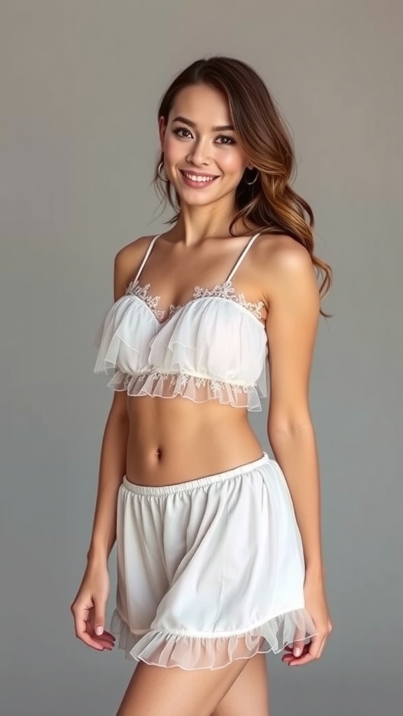 A model wearing a soft tulle two-piece bridal sleepwear set featuring a ruffled cropped top and matching shorts.