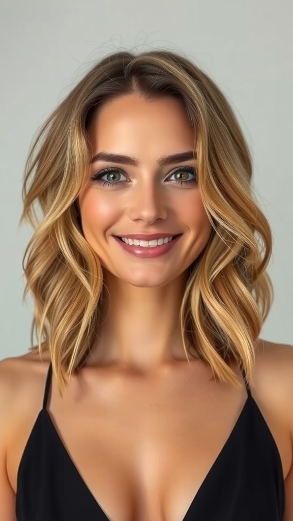 A woman with soft V-shaped layered medium length hair, smiling at the camera.