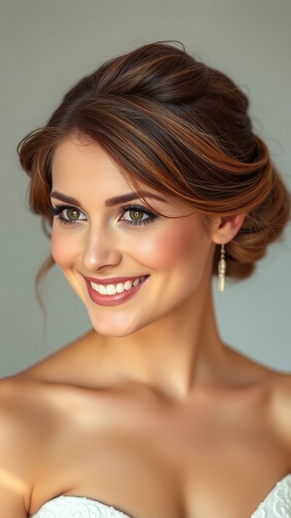 A bride with a soft volume bun hairstyle featuring a side part, showcasing a radiant smile.