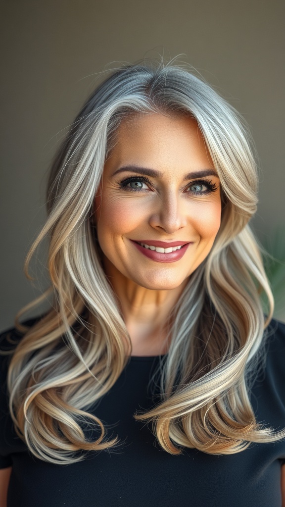 A woman with long, soft waves and ashy gray hair, smiling confidently.