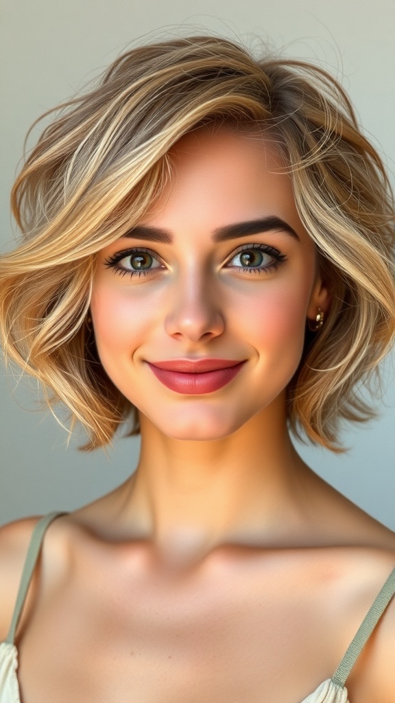 A woman with a chin-length bob hairstyle featuring soft waves.