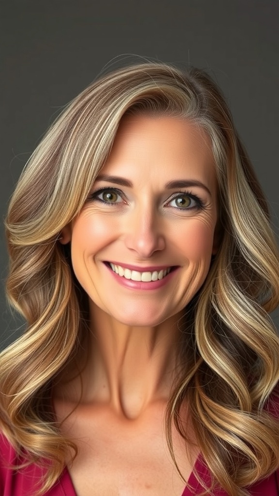 A woman with soft waves and long side bangs, smiling and showcasing a stylish hairstyle.