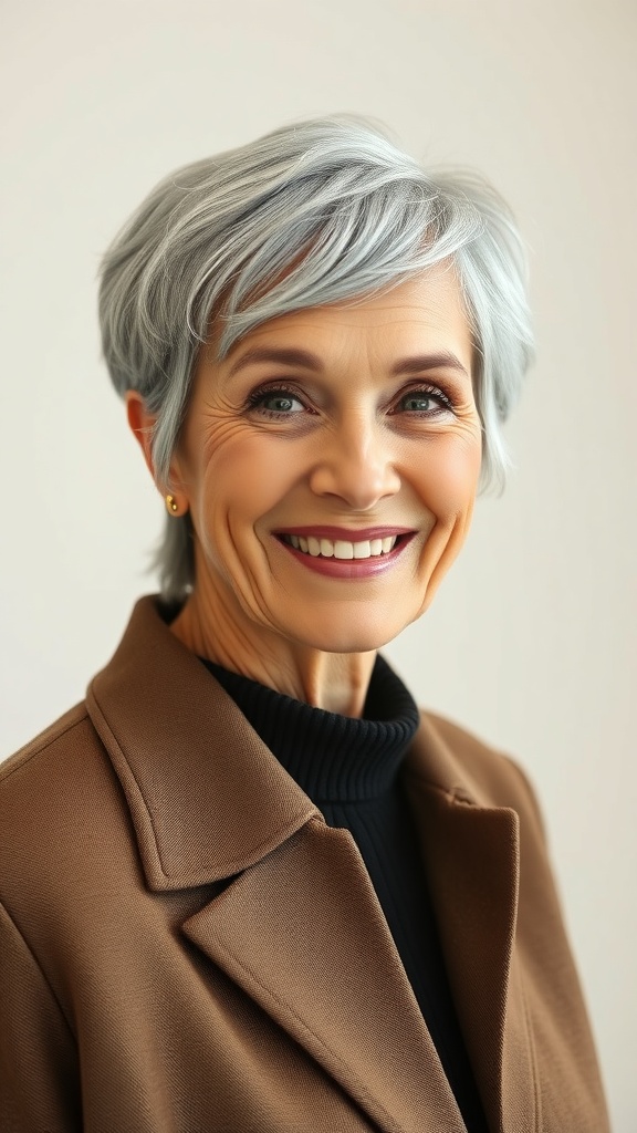 A woman with a soft wedge haircut, smiling confidently.