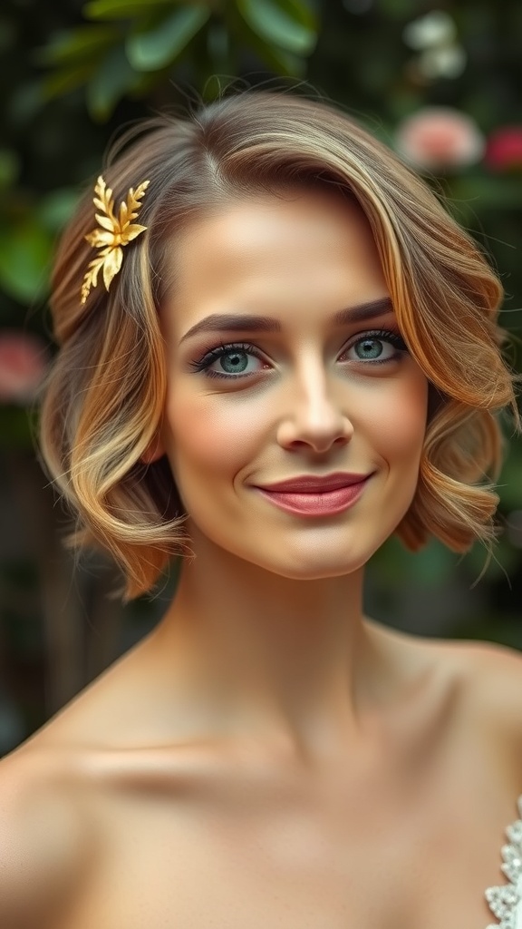 A bride with a softly curled short bob hairstyle adorned with a gold barrette.