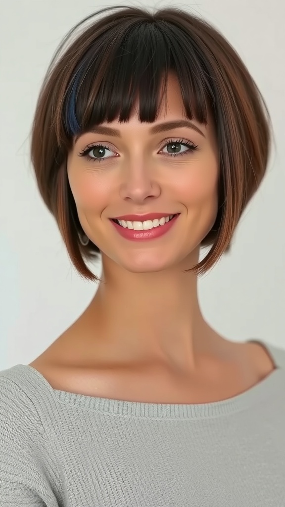 A woman with a softly rounded blunt cut bob chin-length hairstyle, featuring bangs and a warm smile.