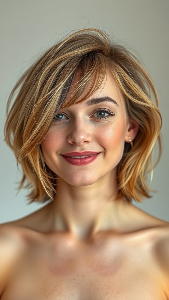 A woman with softly tousled medium hair cut, featuring a natural part and layered shoulder length hair.