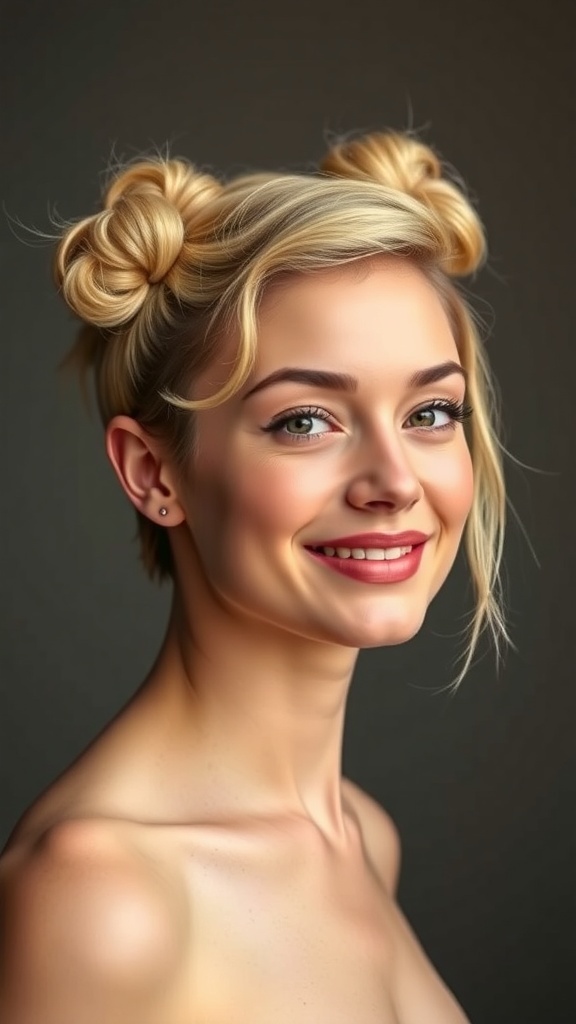A person with short layered hair styled in space buns, smiling at the camera.