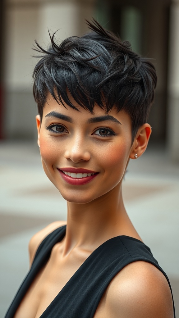 A person with short hair styled in spiked bangs and slicked sides, smiling confidently.