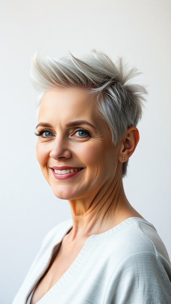 A woman with a spiked mohawk haircut and clean fade, showcasing a bold and edgy hairstyle.