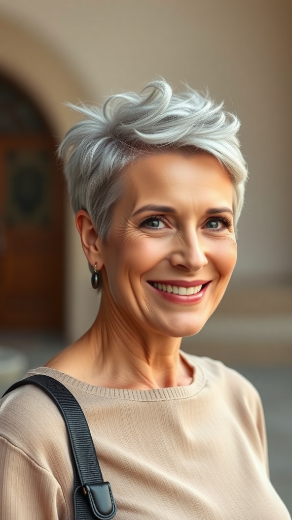 A woman with a spiky pixie haircut and shaved sides, smiling confidently.