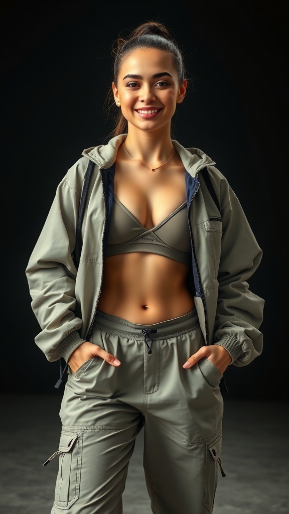 A woman in a sport bra, windbreaker, and utility pants, showcasing a hiphop dance outfit.