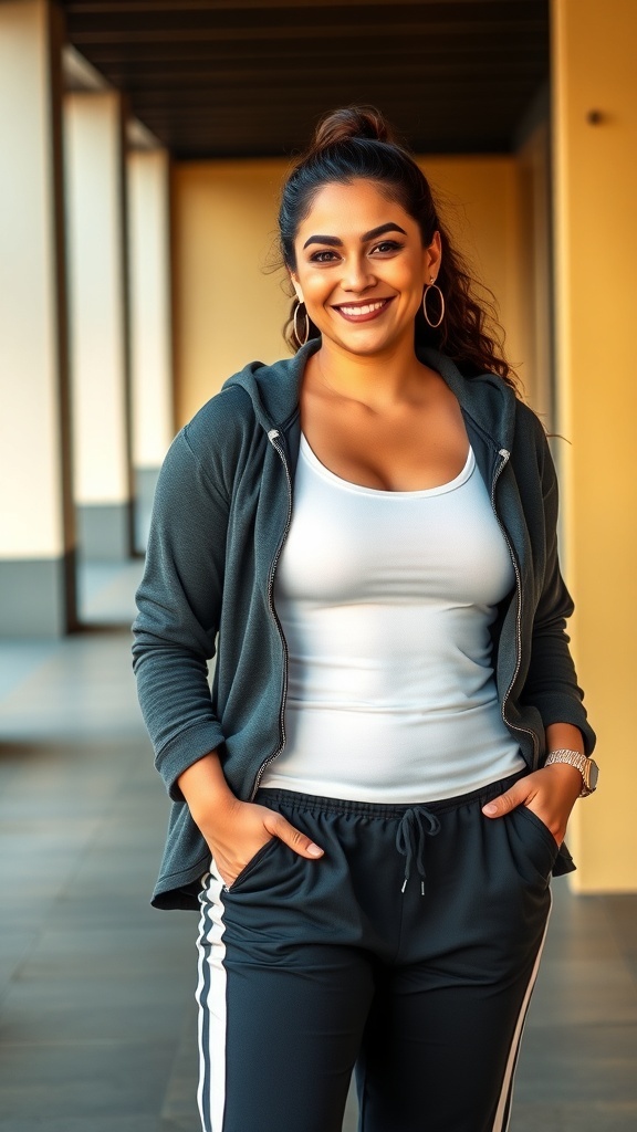 A smiling woman wearing sporty track pants, a zip hoodie, and a tank top, showcasing a casual and stylish outfit.