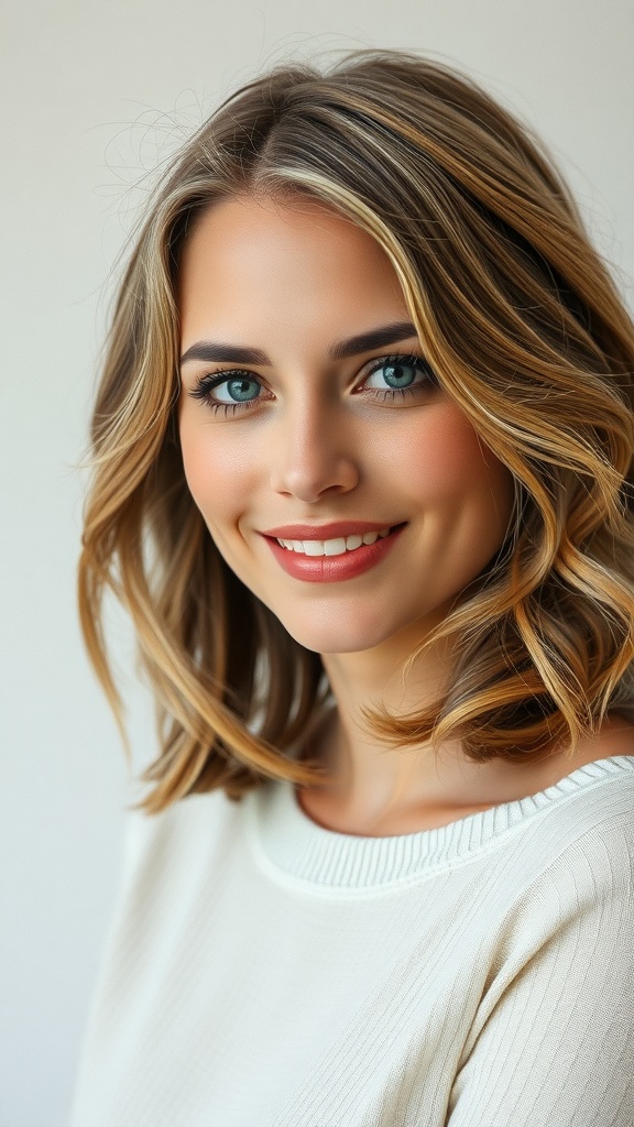 A woman with shoulder length layered hair, smiling with a soft, air-dried texture.
