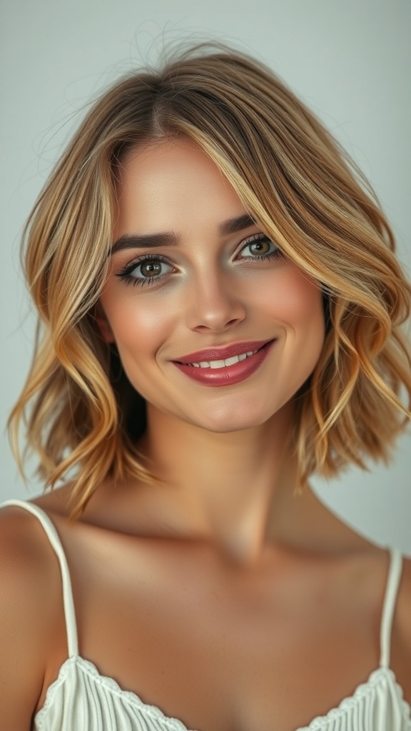 A woman with shoulder length layered hair styled in soft waves, smiling at the camera.