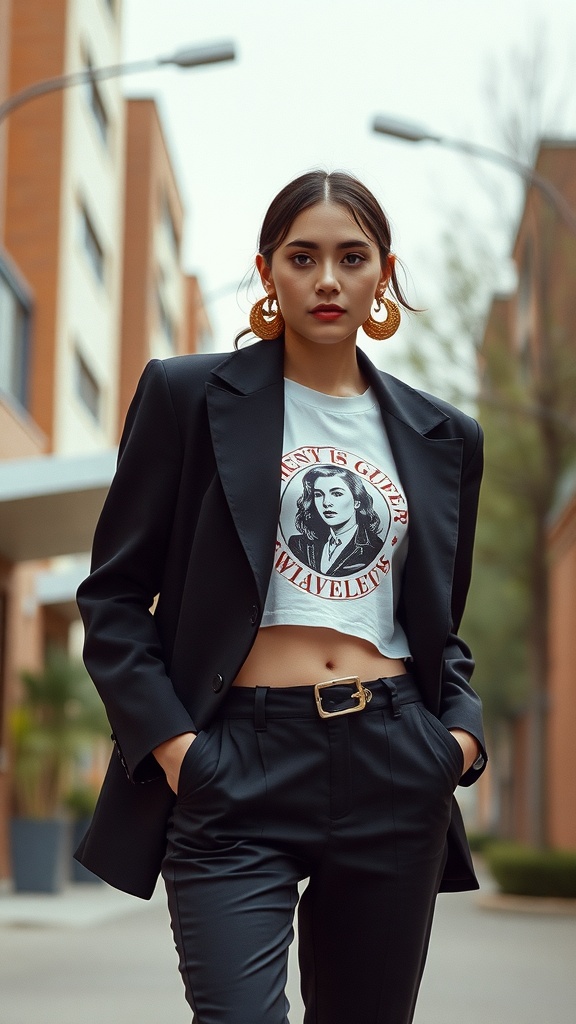 A stylish woman wearing a black statement blazer over a graphic tee, paired with liquid leggings and statement earrings.