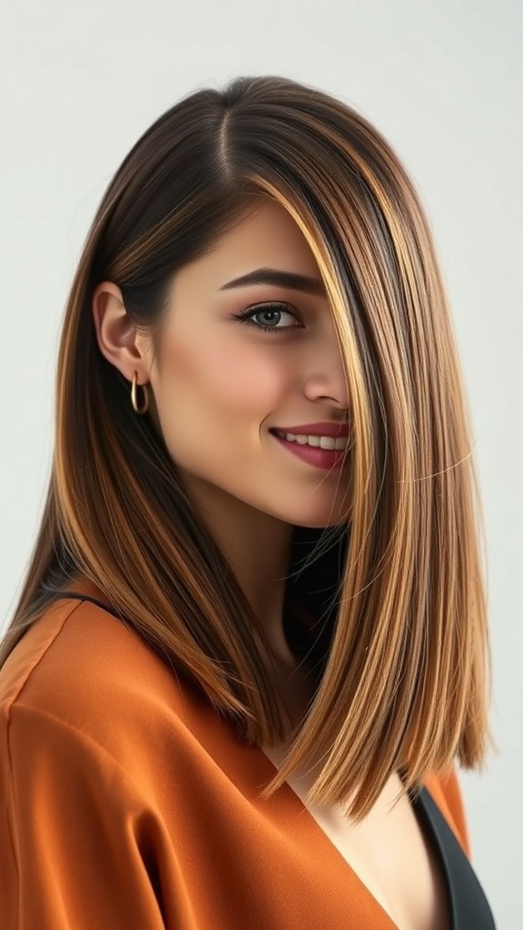 A woman with straight blowout hair featuring chunky layers, showcasing a stylish 90s look.