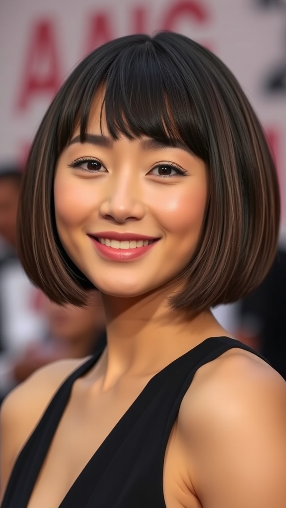A person with a straight blunt cut bob chin-length hairstyle, showcasing a shiny finish.