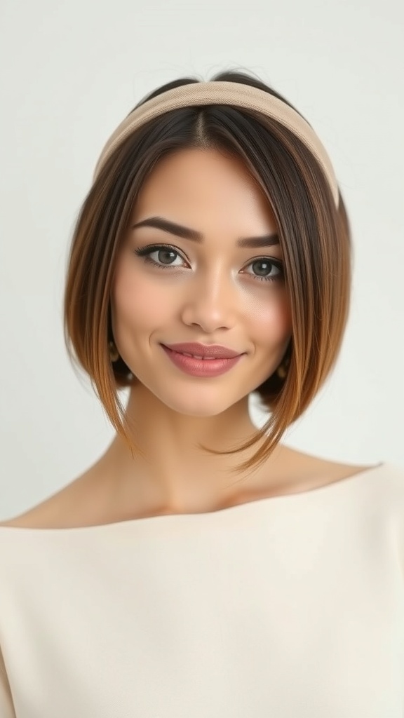 A woman with straight hair wearing a beige headband, showcasing a classic 70s hairstyle.