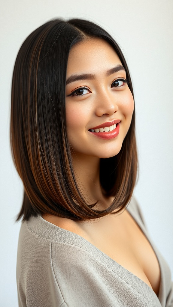 A woman with straight hair styled in angled layers, smiling at the camera.