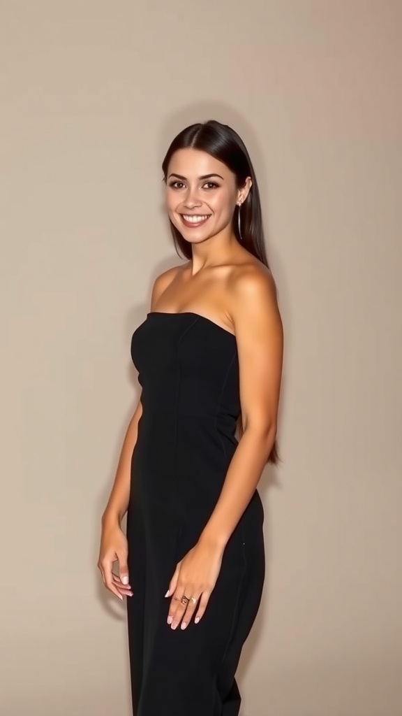 A woman wearing a strapless black evening dress, smiling with minimal accessories.