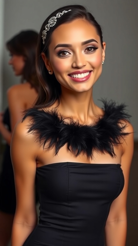 A woman smiling in a strapless black dress with feather trim, showcasing a stylish birthday look.