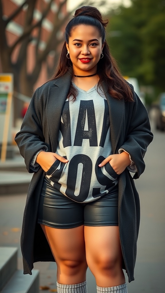 A confident short chubby girl wearing a graphic tee and oversized blazer, styled with leather shorts and knee-high socks.