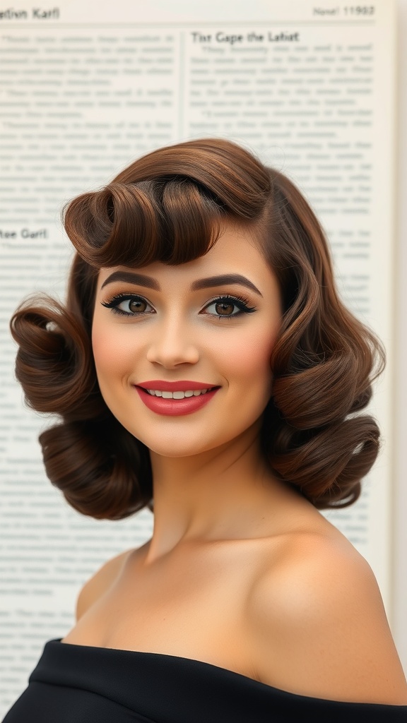 A woman with structured 1930s curls, showcasing glossy vintage hairstyle.