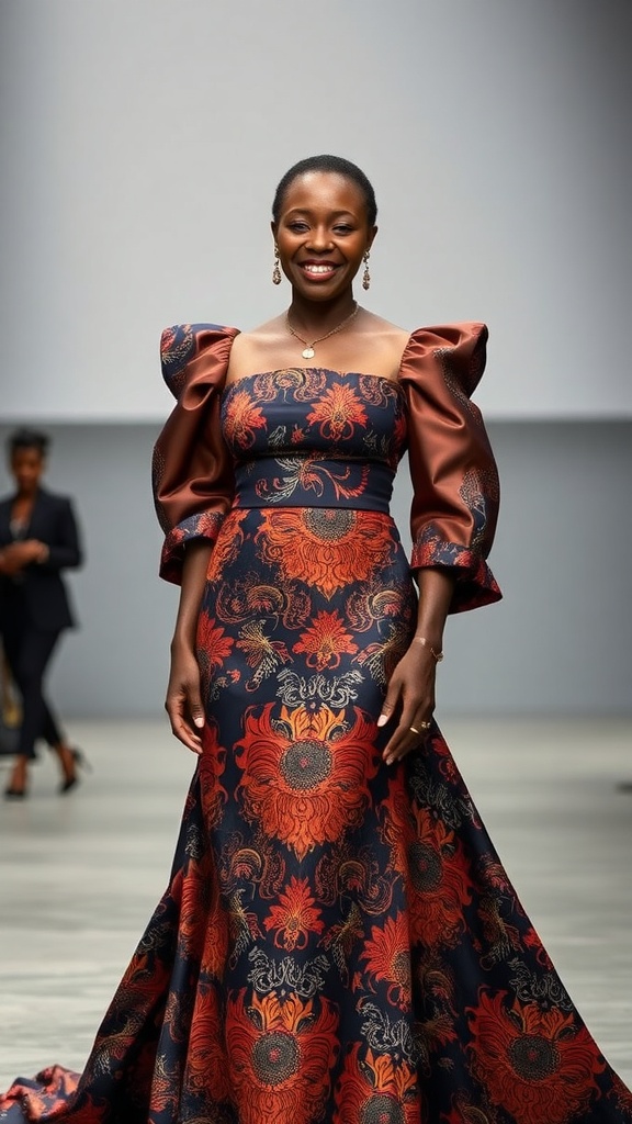 A woman wearing a structured shoulder Kente gown with a train, featuring vibrant patterns and puffed sleeves.