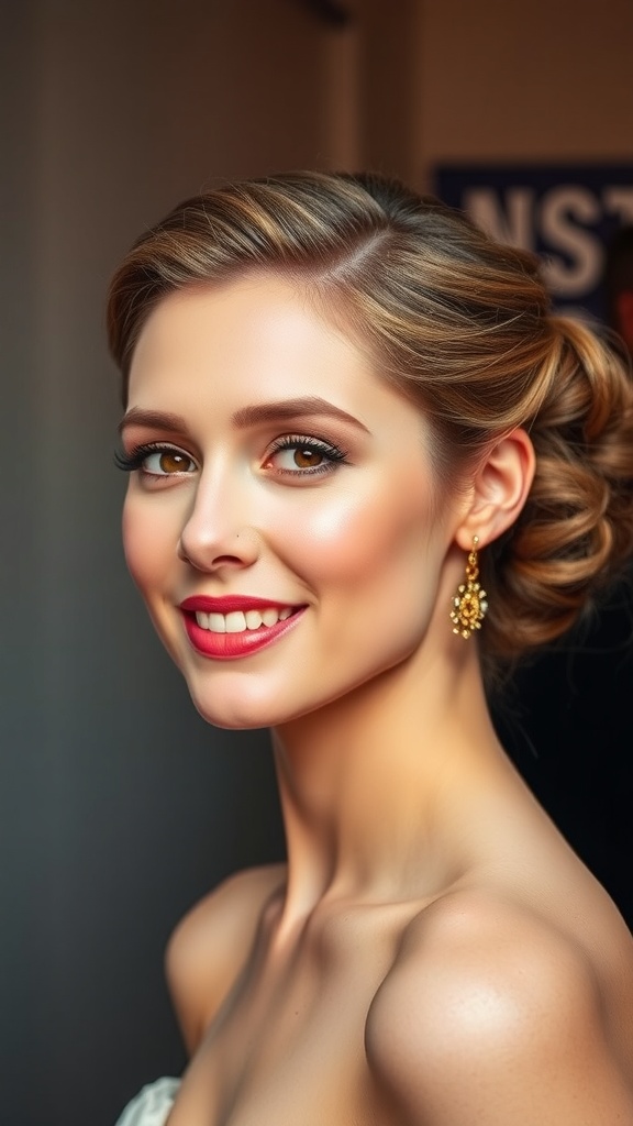A bride with a structured side bun hairstyle, showcasing volume and elegance, complemented by statement earrings.