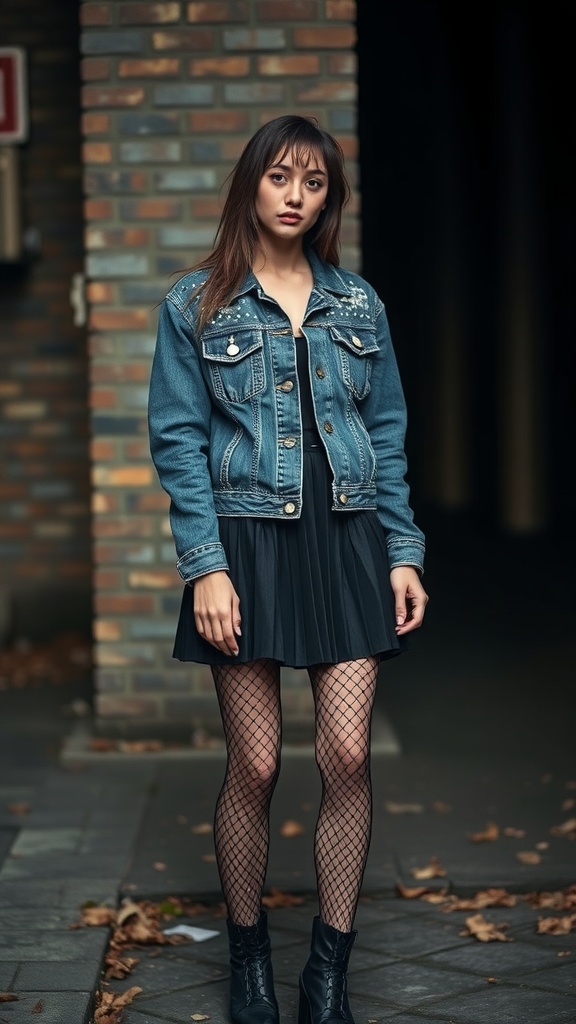 A model wearing a studded denim jacket over a pleated skirt, with fishnet tights and black ankle boots.