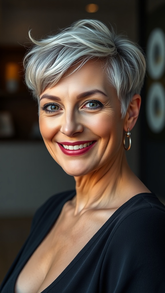 A woman with super short buzzed sides and curved top layers, showcasing a bold and edgy hairstyle.